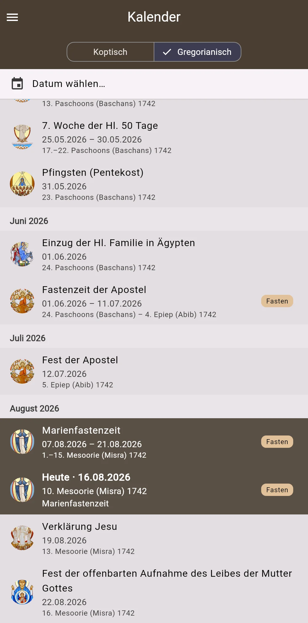 Kalenderansicht mit koptischen und gregorianischen Daten, Festen und Fastenzeiten.