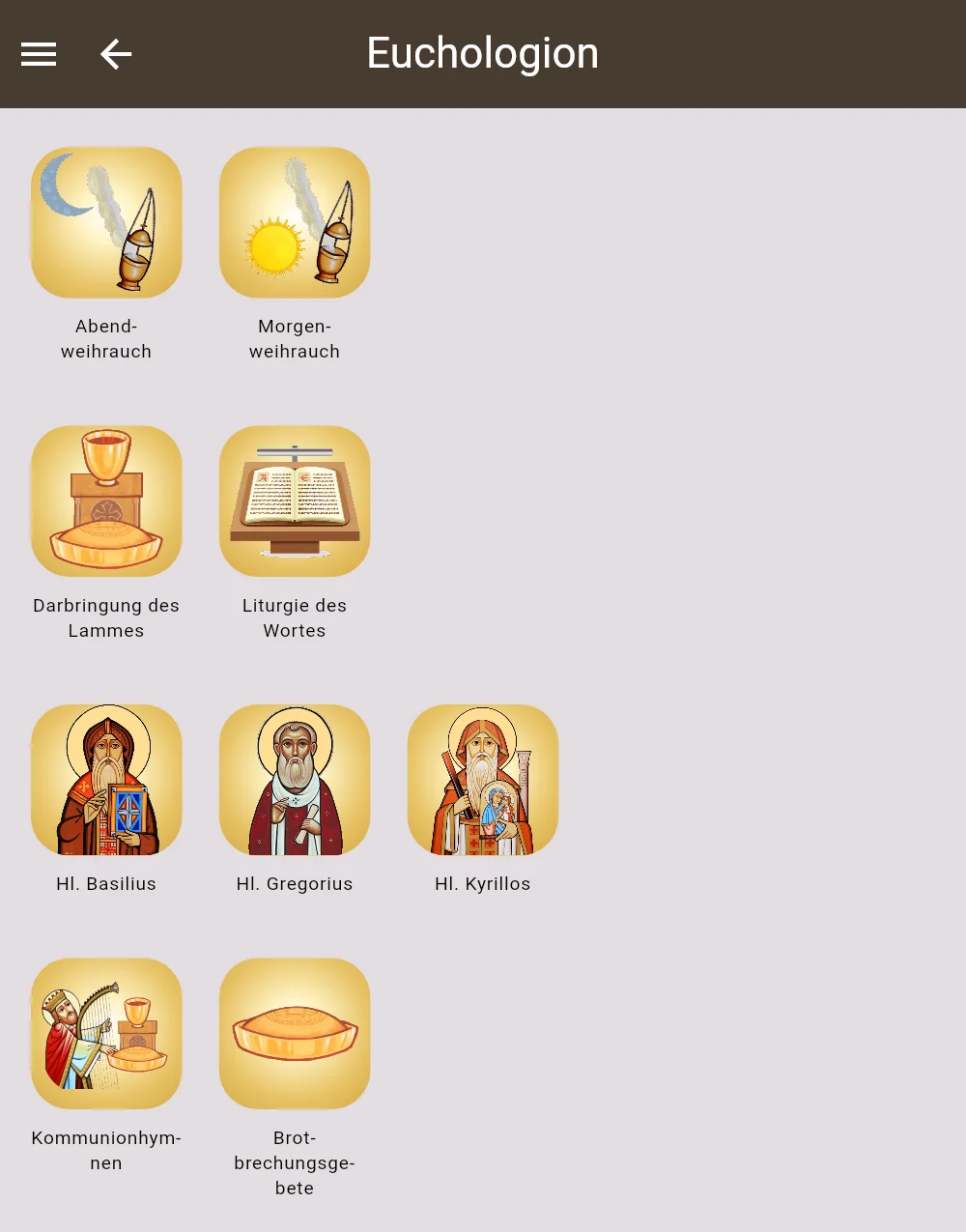 Bibliotheksansicht des Euchologion mit den Büchern der drei Liturgien.